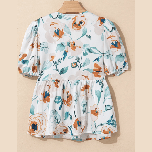 Floraine Floral Print Puff Sleeve V Neck Babydoll Blouse
