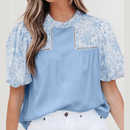 Alaine Beau Blue Lace Insert Floral Puff Sleeve Patchwork Loose Blouse