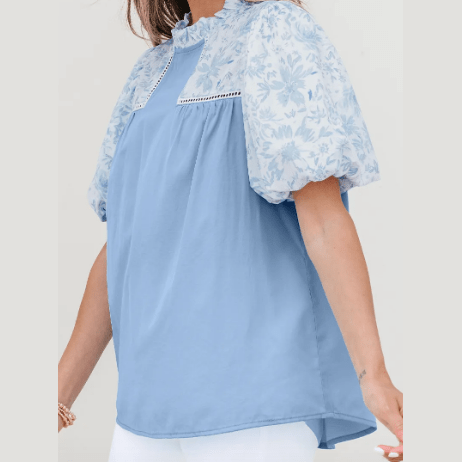 Alaine Beau Blue Lace Insert Floral Puff Sleeve Patchwork Loose Blouse