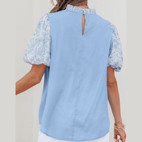 Alaine Beau Blue Lace Insert Floral Puff Sleeve Patchwork Loose Blouse