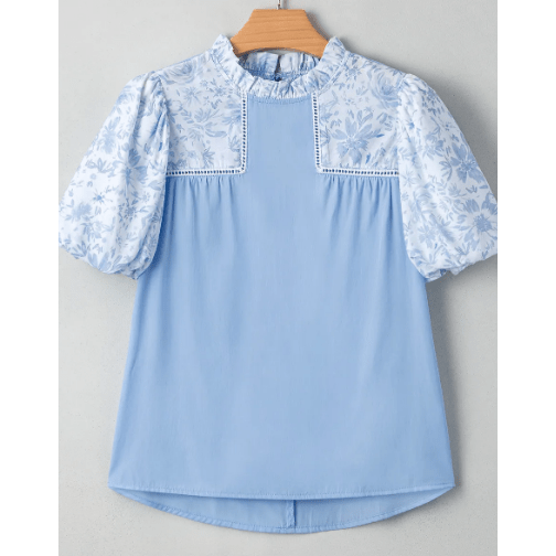 Alaine Beau Blue Lace Insert Floral Puff Sleeve Patchwork Loose Blouse