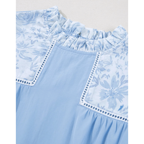 Alaine Beau Blue Lace Insert Floral Puff Sleeve Patchwork Loose Blouse