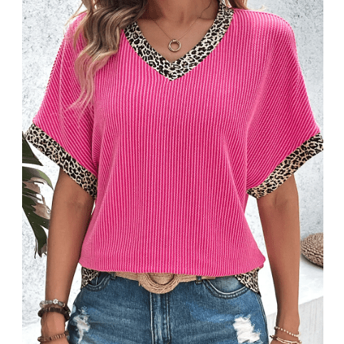 Carolyn Bright Pink Leopard Patchwork Corded Texture V Neck T Shirt