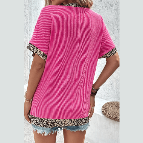 Carolyn Bright Pink Leopard Patchwork Corded Texture V Neck T Shirt