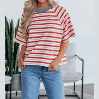 Jobelle Tomato Red Stripe Print Contrast Collar Raglan Sleeve T Shirt