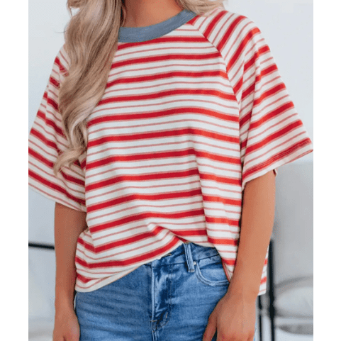 Jobelle Tomato Red Stripe Print Contrast Collar Raglan Sleeve T Shirt