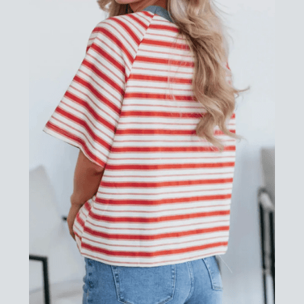 Jobelle Tomato Red Stripe Print Contrast Collar Raglan Sleeve T Shirt