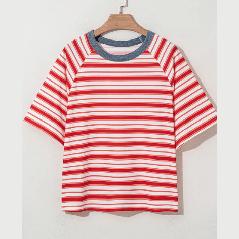 Jobelle Tomato Red Stripe Print Contrast Collar Raglan Sleeve T Shirt