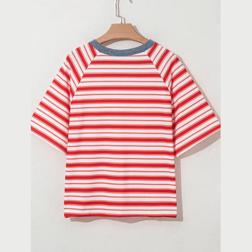 Jobelle Tomato Red Stripe Print Contrast Collar Raglan Sleeve T Shirt