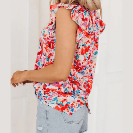 Bali Red Frilled Neck Pleated Boho Floral Tank Top