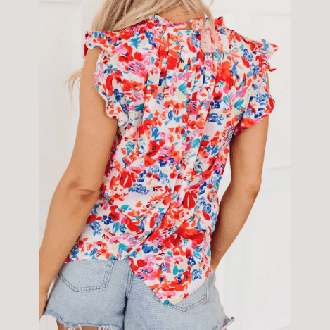 Bali Red Frilled Neck Pleated Boho Floral Tank Top