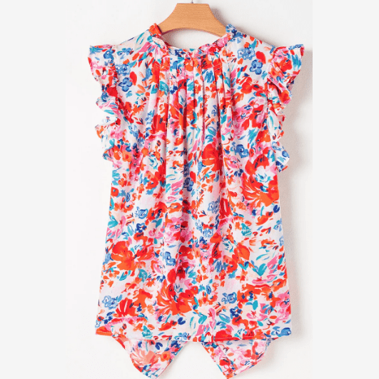 Bali Red Frilled Neck Pleated Boho Floral Tank Top