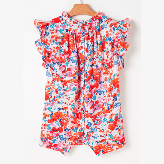 Bali Red Frilled Neck Pleated Boho Floral Tank Top