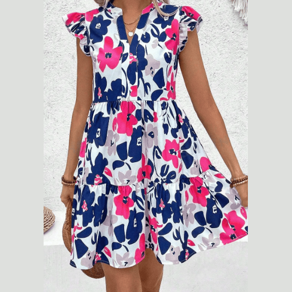 Asha Pink Floral Print Notched Neck Flutter Sleeve Mini Dress