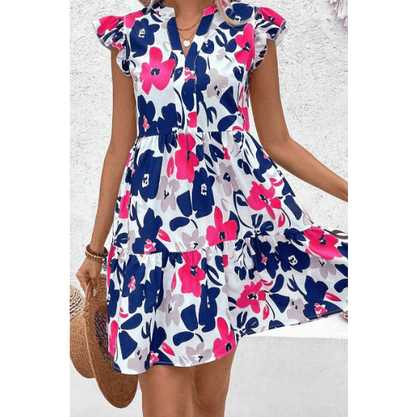 Asha Pink Floral Print Notched Neck Flutter Sleeve Mini Dress