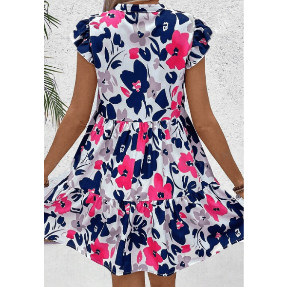 Asha Pink Floral Print Notched Neck Flutter Sleeve Mini Dress