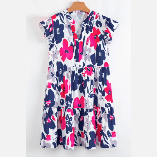Asha Pink Floral Print Notched Neck Flutter Sleeve Mini Dress