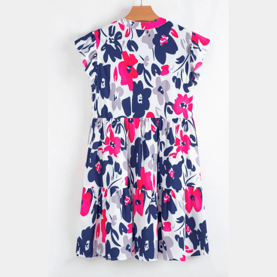 Asha Pink Floral Print Notched Neck Flutter Sleeve Mini Dress