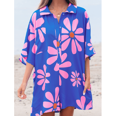 Tess Blue Summer Flower Print Shirt Collar Button Front Loose Romper