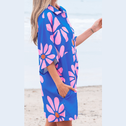Tess Blue Summer Flower Print Shirt Collar Button Front Loose Romper