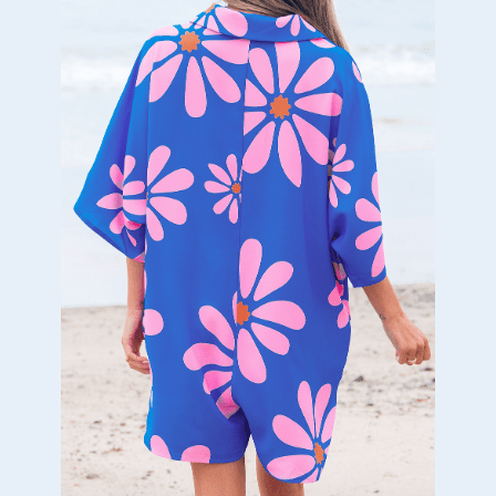 Tess Blue Summer Flower Print Shirt Collar Button Front Loose Romper