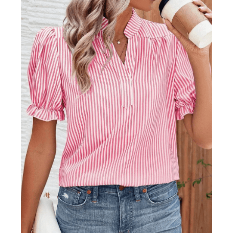 Alyssa Pink Stripe Notched Neck Frilled Short Puff Sleeve Blouse