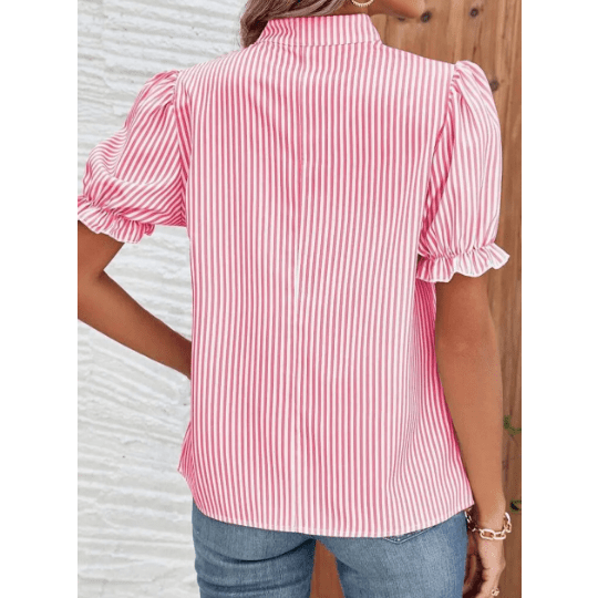 Alyssa Pink Stripe Notched Neck Frilled Short Puff Sleeve Blouse