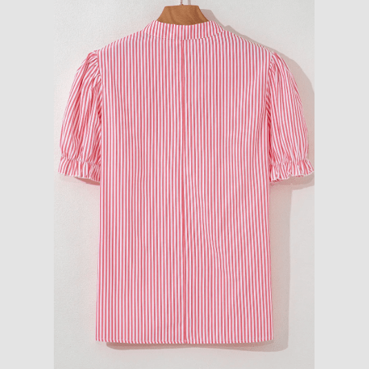 Alyssa Pink Stripe Notched Neck Frilled Short Puff Sleeve Blouse