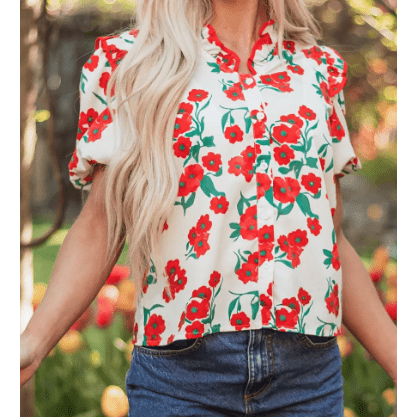 Beckah Red Floral Print Ruffled Puff Sleeve Elegant Summer Shirt