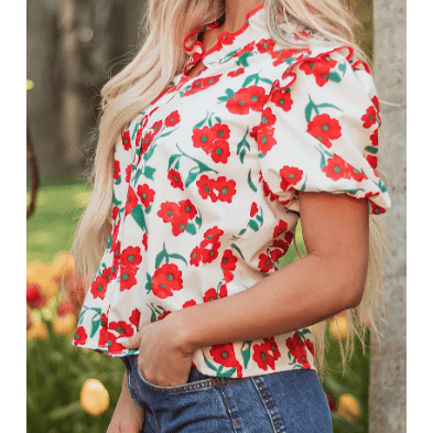 Beckah Red Floral Print Ruffled Puff Sleeve Elegant Summer Shirt