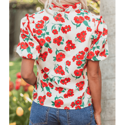 Beckah Red Floral Print Ruffled Puff Sleeve Elegant Summer Shirt