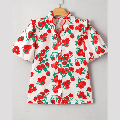 Beckah Red Floral Print Ruffled Puff Sleeve Elegant Summer Shirt