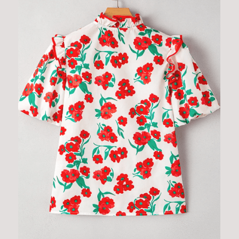 Beckah Red Floral Print Ruffled Puff Sleeve Elegant Summer Shirt