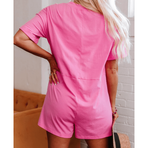 Jaci Bonbon Pink Loose Half Sleeve V Neck Knit Romper