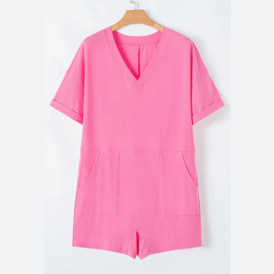 Jaci Bonbon Pink Loose Half Sleeve V Neck Knit Romper
