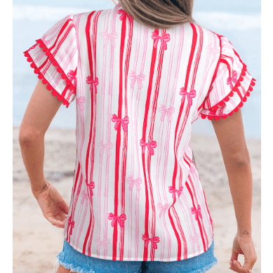 Carlita Pink Ric-rac Trim Ruffled Sleeve V Neck Bow Striped Printed Blouse