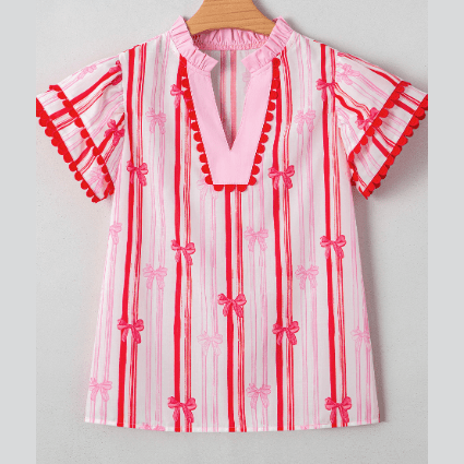 Carlita Pink Ric-rac Trim Ruffled Sleeve V Neck Bow Striped Printed Blouse