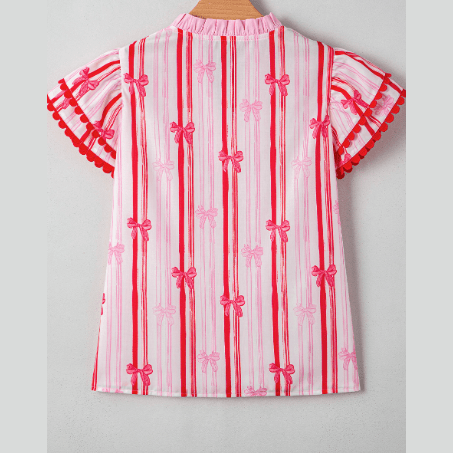 Carlita Pink Ric-rac Trim Ruffled Sleeve V Neck Bow Striped Printed Blouse
