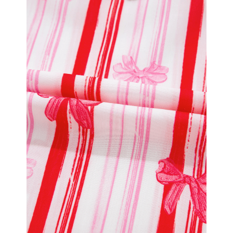 Carlita Pink Ric-rac Trim Ruffled Sleeve V Neck Bow Striped Printed Blouse
