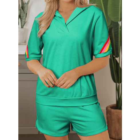 Lowri Green Rainbow Colorblock Collared Short Sleeve Top 2 Piece Shorts Set