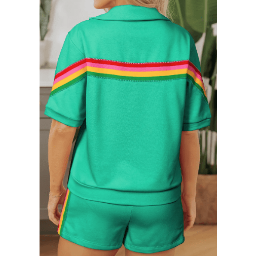 Lowri Green Rainbow Colorblock Collared Short Sleeve Top 2 Piece Shorts Set
