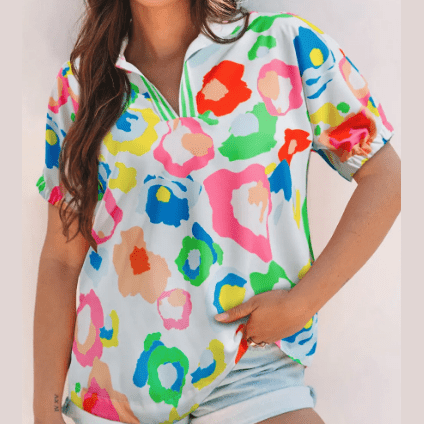 Nelly Green Chic Leopard Print Striped Detail Split Neck Blouse