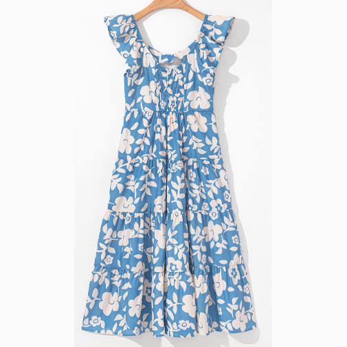 Aileen Sky Blue Floral U Neck Flutter Shoulder Tiered Flowy Midi Dress