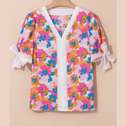 Kimia White Floral Colorblock Striped Edge V Neck Knotted Short Sleeve Blouse