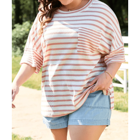 Tinny Pink Stripe Waffle Knit Pocketed Half Sleeve PLUS SIZE T Shirt