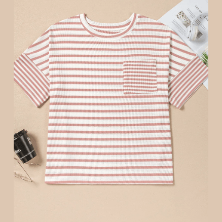 Tinny Pink Stripe Waffle Knit Pocketed Half Sleeve PLUS SIZE T Shirt