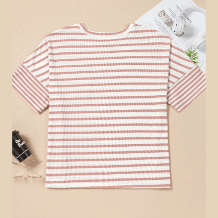 Tinny Pink Stripe Waffle Knit Pocketed Half Sleeve PLUS SIZE T Shirt