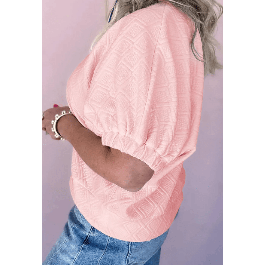 Brooklyn Pink Contrast Striped Collar Patchwork Textured Half Sleeve Blouse