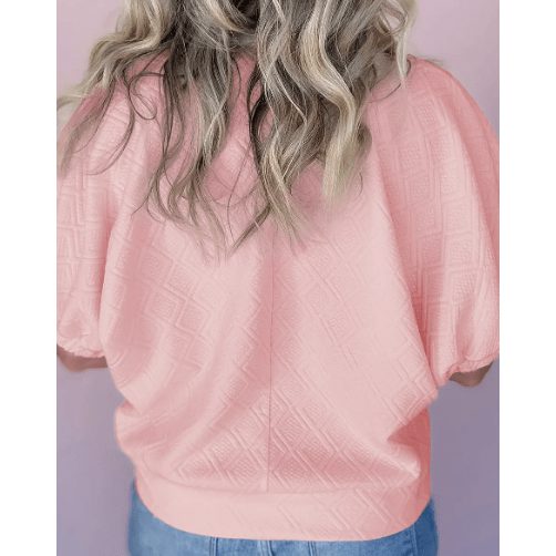 Brooklyn Pink Contrast Striped Collar Patchwork Textured Half Sleeve Blouse