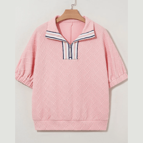 Brooklyn Pink Contrast Striped Collar Patchwork Textured Half Sleeve Blouse